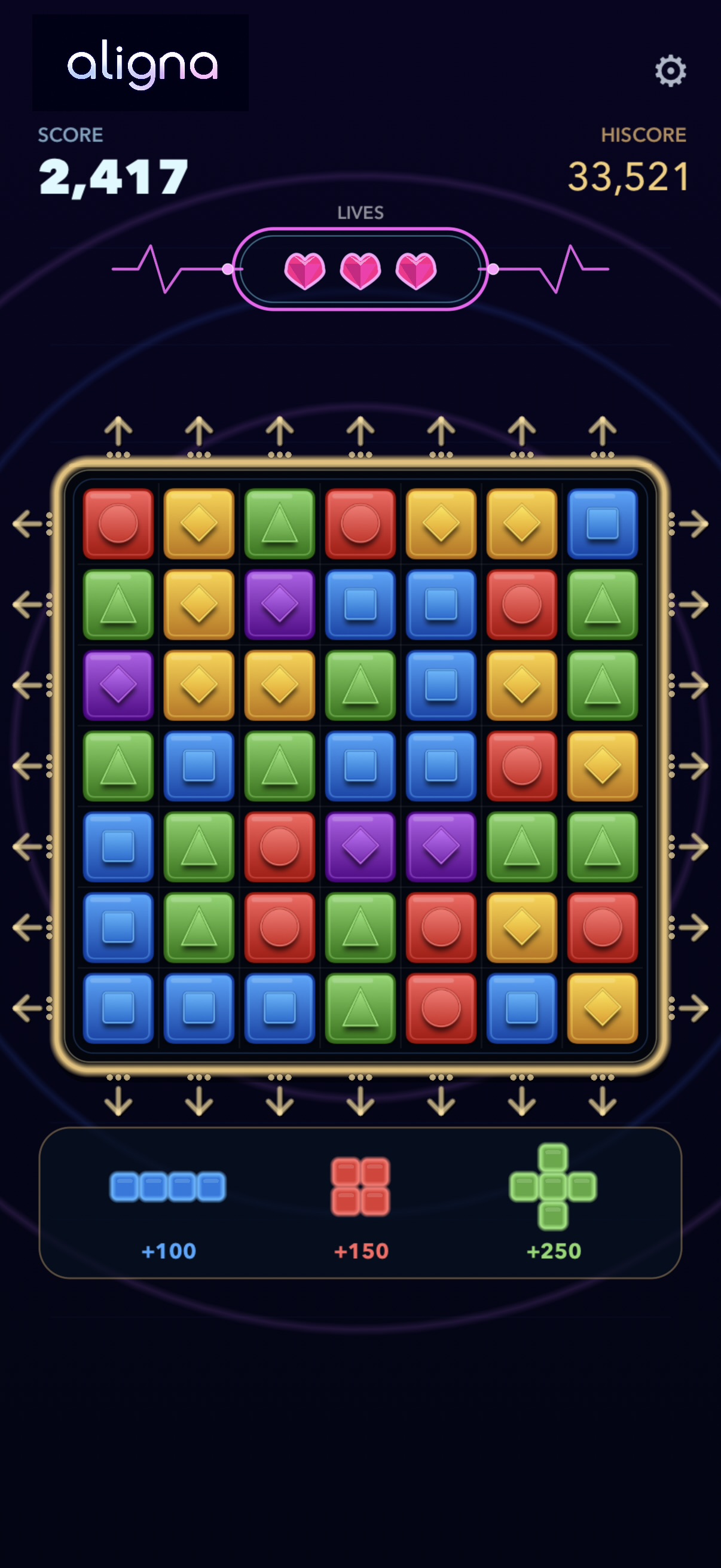 Aligna Game gameplay showing a colorful puzzle board, score, lives, and high score.